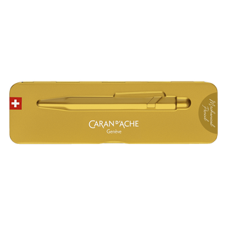 Caran d'Ache 844 Premium Mechanical Pencil in gold with hexagonal aluminum body in metal case