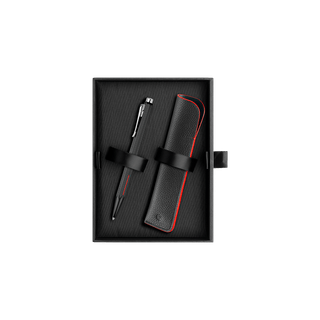 Caran d’Ache Ecridor™ Racing Ballpoint Pen and black leather case with red trim in gift box