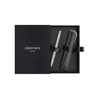 Caran d'Ache Ecridor™ Venetian Platinum Ballpoint Pen with black leather case in gift box