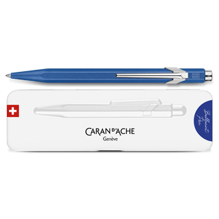 Caran d'Ache 849 Colormat - X Ballpoint Pen with Tin Giftbox, blue hexagonal aluminium body close-up view.
