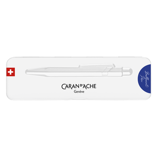 Caran d'Ache 849 Colormat - X Ballpoint Pen with Tin Giftbox featuring white embossed pen outline and Swiss flag icon