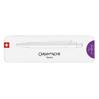 Caran d'Ache 849 Colormat - X Ballpoint Pen with Tin Giftbox showing white sleek pen outline on metal case