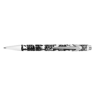 Caran d'Ache 849 Essentially Swiss Ballpoint Pen with black and white floral design and metal clip