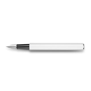 Caran d'Ache 849 Fountain Pen Collection with sleek white aluminum hexagonal body and silver nib design