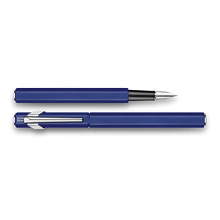 Caran d'Ache 849 Fountain Pen Collection with vibrant blue aluminum body and silver nib detail
