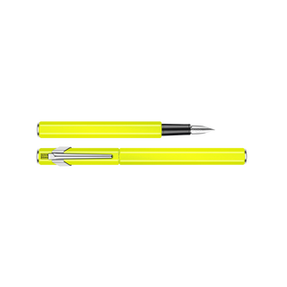 Caran d'Ache 849 Fountain Pen Collection in bright yellow with sleek hexagonal aluminum body and silver nib