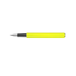 Caran d'Ache 849 Fountain Pen Collection with bright yellow aluminium body and silver nib visible
