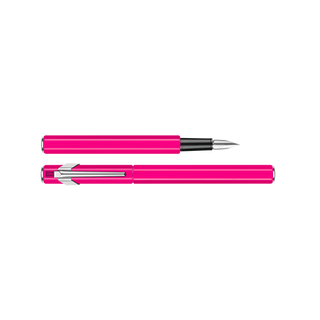 Caran d'Ache 849 Fountain Pen Collection in vibrant pink with silver clip and nib, hexagonal aluminum body design