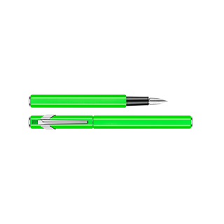 Caran d'Ache 849 Fountain Pen Collection in vibrant green with hexagonal aluminum body and silver clip