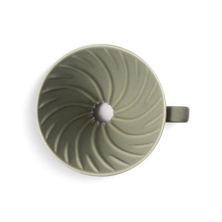 HARIO V60-02 Ceramic Dripper in olive green with spiral ridged porcelain design viewed from above