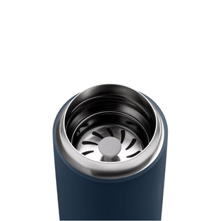 Fellow Carter Move Mug (12oz) showing stainless steel interior with a dark blue exterior finish and lid removed