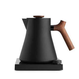 Fellow Corvo EKG Pro Electric Kettle (120V) in matte black with wooden handle and lid pull on base