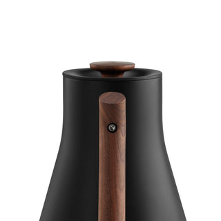 Fellow Corvo EKG Pro Electric Kettle (120V) with matte black body and smooth wooden handle detail