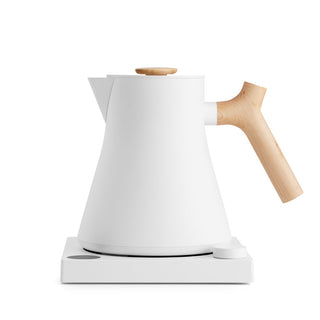 Fellow Corvo EKG Pro Electric Kettle (120V) with white body and natural wood handle and lid pull