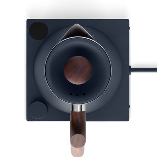 Fellow Corvo EKG Electric Kettle (120V) top view showing wooden handle and stainless steel spout on black base