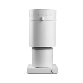 FELLOW Opus Conical Burr Grinder (120V) in matte white with dial and container on minimalist base