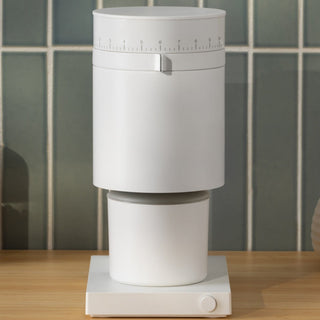 FELLOW Opus Conical Burr Grinder (120V) in matte white with precision grind adjustment dial visible