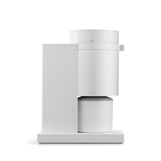 FELLOW Opus Conical Burr Grinder (120V) with sleek white design and ribbed texture on side panel