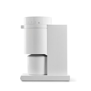 FELLOW Opus Conical Burr Grinder (120V) with ribbed side panel and compact white cylindrical design