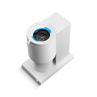 FELLOW Opus Conical Burr Grinder (120V) showing white body with visible blue burr adjustment dial and grinding mechanism