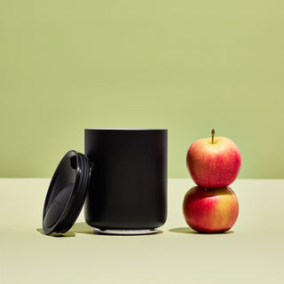 FELLOW Rocky Lowball Tumbler (10oz/296ml) matte black stainless steel with lid and stacked apples nearby