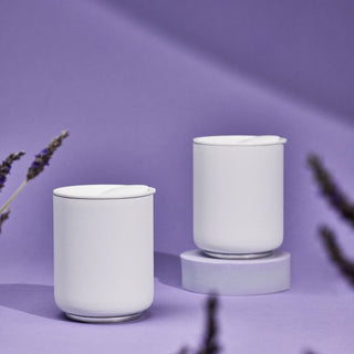 FELLOW Rocky Lowball Tumbler (10oz/296ml) in white with magnetic BPA-free plastic lids on purple background