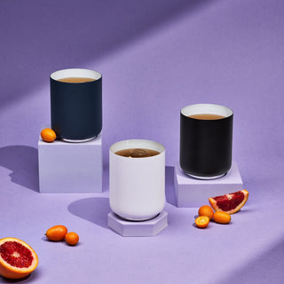 FELLOW Rocky Lowball Tumbler (10oz/296ml) trio in black, white, and navy with citrus accents on purple background
