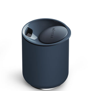 FELLOW Rocky Lowball Tumbler (10oz/296ml) in navy blue with magnetic BPA-free plastic lid close-up view