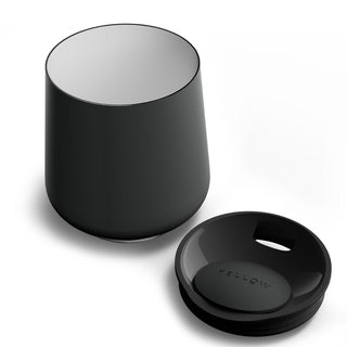 FELLOW Ruby Wine Tumbler (12oz/355ml) with matte black body and magnetic BPA-free lid shown separated