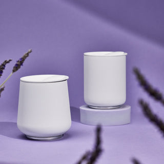 FELLOW Ruby Wine Tumbler (12oz/355ml) in matte white with ceramic coating and magnetic lid on purple backdrop