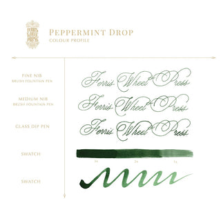Peppermint Drop | 85ml Ink | Ferris Wheel Press showing green ink calligraphy samples and swatches