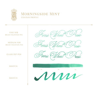Morningside Mint | 85ml Ink | Ferris Wheel Press showcasing mint green calligraphy samples and swatches