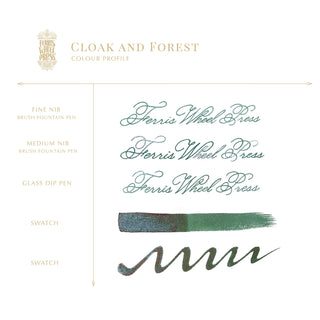 Cloak and Forest Fountain Pen Inks - 20ml Bottled | Ferris Wheel Press ink color swatch and calligraphy samples by ferris wheel press