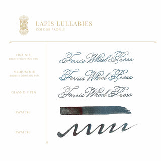 Lapis Lullabies Fountain Pen Inks - 20ml Bottled | Ferris Wheel Press ink color samples with calligraphy and brush strokes by ferris wheel press