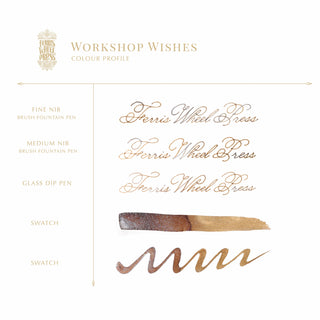 Calligraphy samples and ink swatches showing warm brown tones for Workshop Wishes Fountain Pen Inks - 20ml Bottled | Ferris Wheel Press