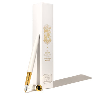 The Bijou Fountain Pen - Fabled Feather | Ferris Wheel Press with white lacquer and gold hardware displayed vertically