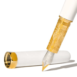 The Bijou Fountain Pen - Fabled Feather | Ferris Wheel Press with detailed gold engraved grip and white body