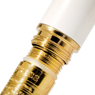 The Bijou Fountain Pen - Fabled Feather | Ferris Wheel Press close-up of gold brass threaded connector and white lacquer body