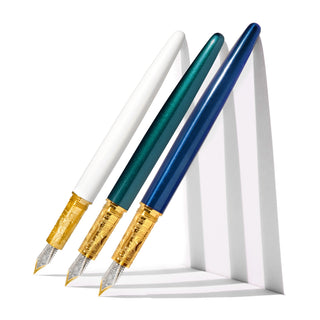 The Bijou Fountain Pen - Fabled Feather | Ferris Wheel Press three pens with gold grip in white, green, and blue finishes