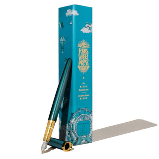 The Bijou Fountain Pen - Printmaker's Teal | Ferris Wheel Press with brass nib and teal lacquer finish alongside packaging