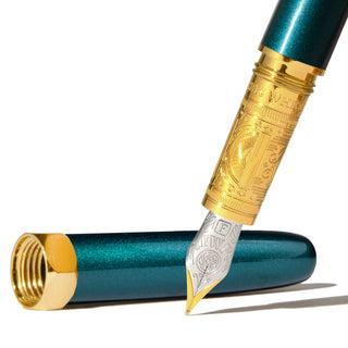 The Bijou Fountain Pen - Printmaker's Teal by Ferris Wheel Press with detailed gold engraved grip and stainless nib