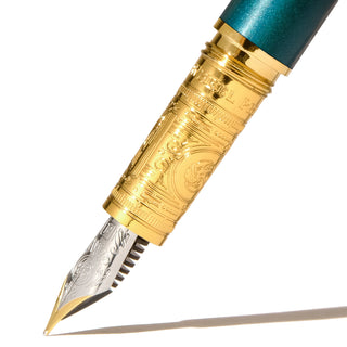 The Bijou Fountain Pen - Printmaker's Teal | Ferris Wheel Press with engraved gold grip and steel nib close-up