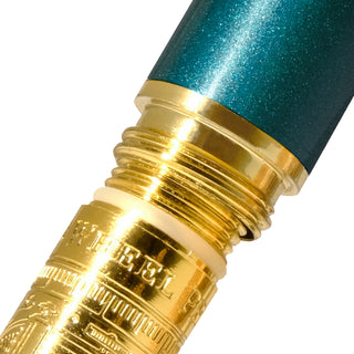 The Bijou Fountain Pen - Printmaker's Teal | Ferris Wheel Press close-up of gold engraved brass grip and teal lacquer body
