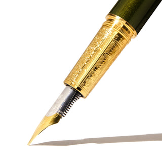 The Joule Fountain Pen - Juniper Moss | Ferris Wheel Press detailed gold nib and brass grip close-up
