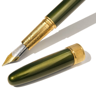 The Joule Fountain Pen - Juniper Moss | Ferris Wheel Press with gold accents and detailed nib close-up