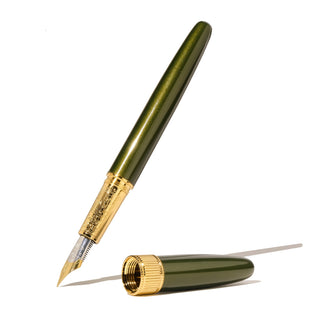 The Joule Fountain Pen - Juniper Moss | Ferris Wheel Press with gold accents and fine nib shown uncapped