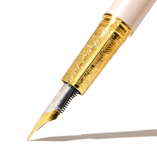 The Joule Fountain Pen - Chantilly Lacewood | Ferris Wheel Press with detailed engraved gold grip and nib close-up