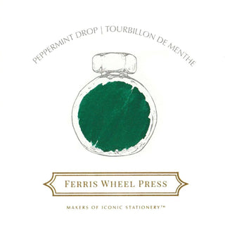 Peppermint Drop | 85ml Ink | Ferris Wheel Press with deep green ink swatch and vintage bottle sketch
