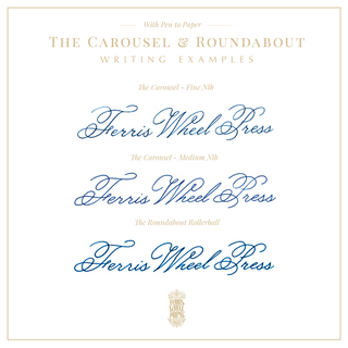 Handwritten script samples in blue ink demonstrating nib variations for The Carousel Fountain Pen - After Hours| Ferris Wheel Press by ferris wheel press