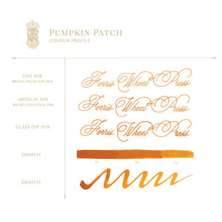 Calligraphy samples and orange ink swatches showing Pumpkin Patch | 85ml Ink | Ferris Wheel Press color profile